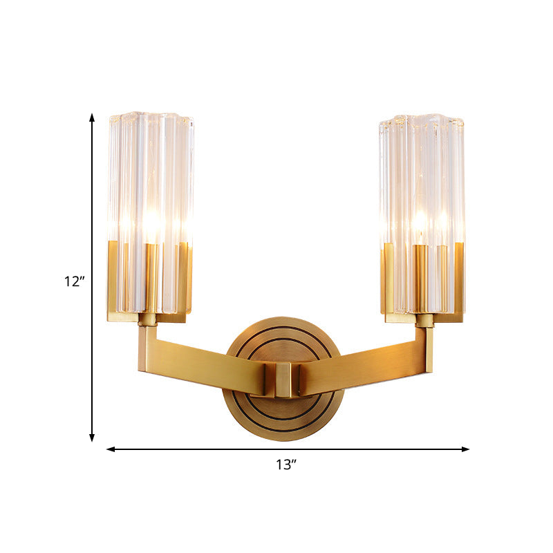 Retro Crystal Ribbed Wall Lamp With Brass Flush Sconce For Living Room - 1/2 Lights