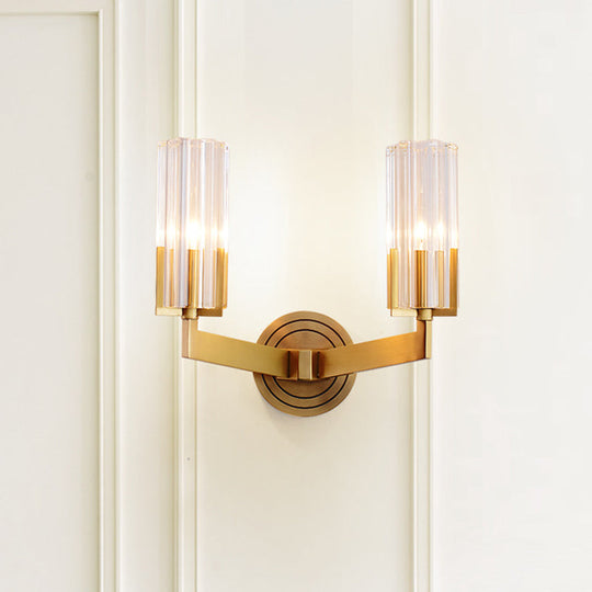 Retro Crystal Ribbed Wall Lamp With Brass Flush Sconce For Living Room - 1/2 Lights 2 /