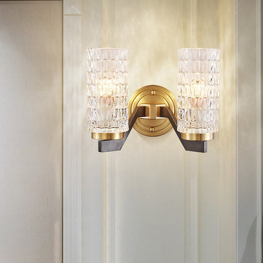 Simplicity Crystal Flush Wall Sconce With 2 Lights - Brass Bedside Fixture