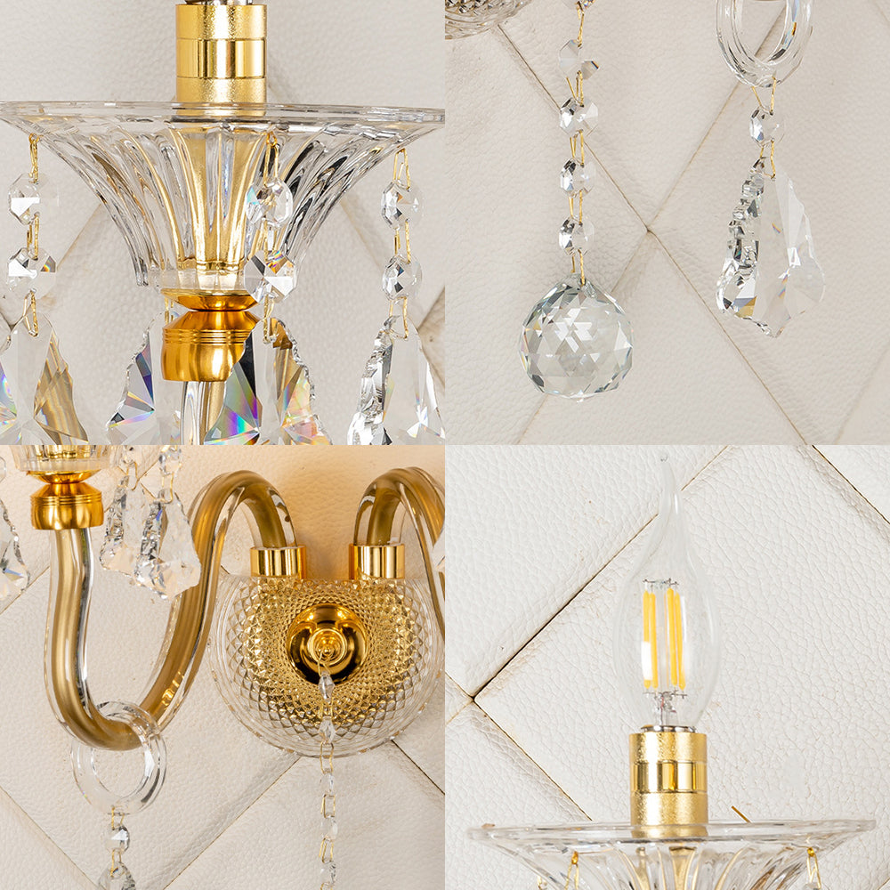 Mid-Century 1/2 Lights Wall Sconce With Brass Candle Design And Crystal Shade