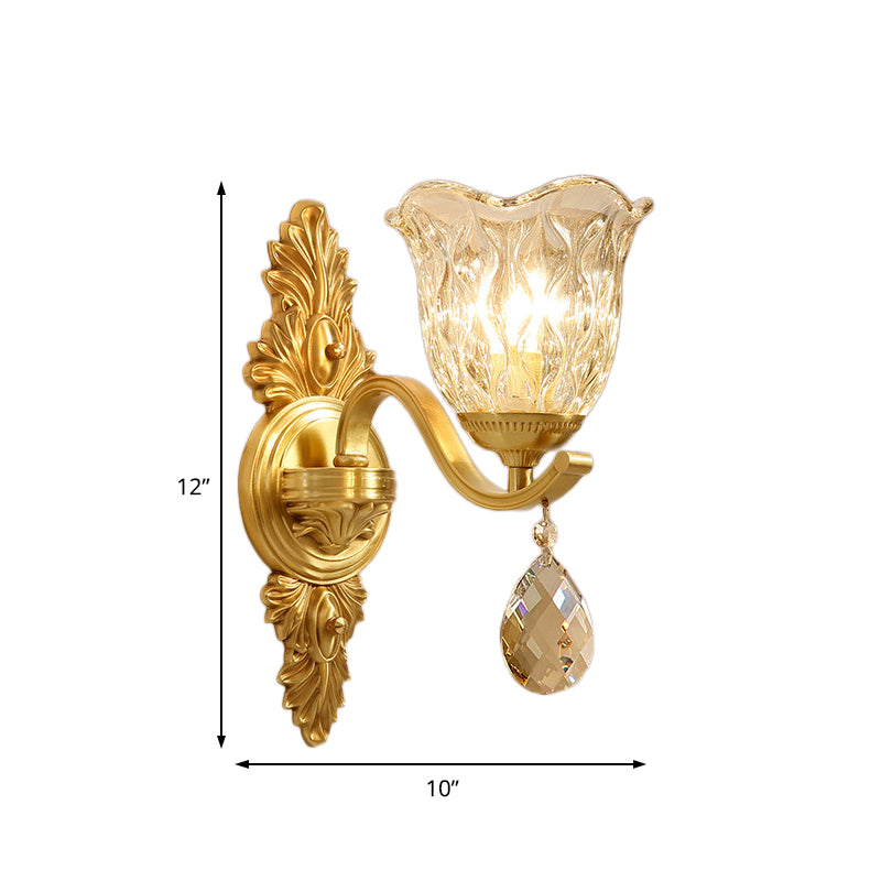 Retro Crystal Flower Wall Lamp - 1 Light Gold Flush Sconce For Living Room