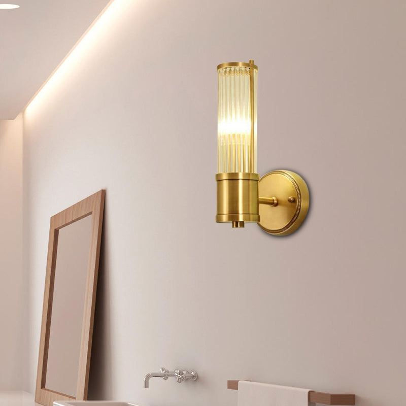 Modern Brass Wall Sconce With Crystal Cylinder Shade - Ideal For Hallways And Mount Lighting