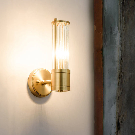 Modern Brass Wall Sconce With Crystal Cylinder Shade - Ideal For Hallways And Mount Lighting 1 /