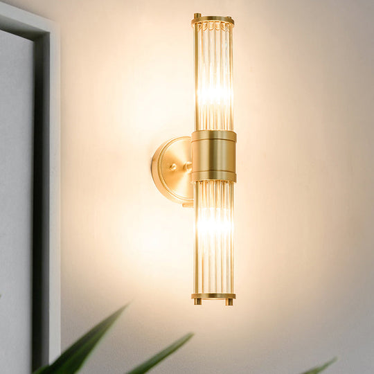 Modern Brass Wall Sconce With Crystal Cylinder Shade - Ideal For Hallways And Mount Lighting