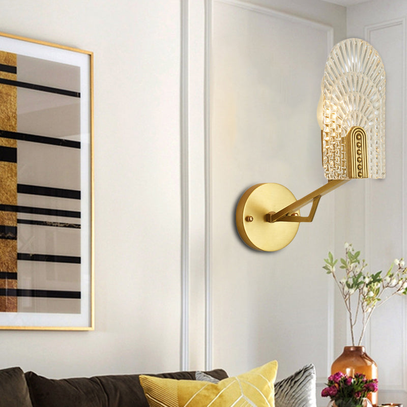 Minimalistic 1-Light Brass Flush Wall Sconce For Bedside - Crystal Tube/Cup/Flat Mounted Lamp