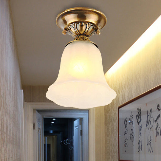 White Glass Ceiling Light Fixture With Classic Brass Bell - 1 Flush Mount For Living Room
