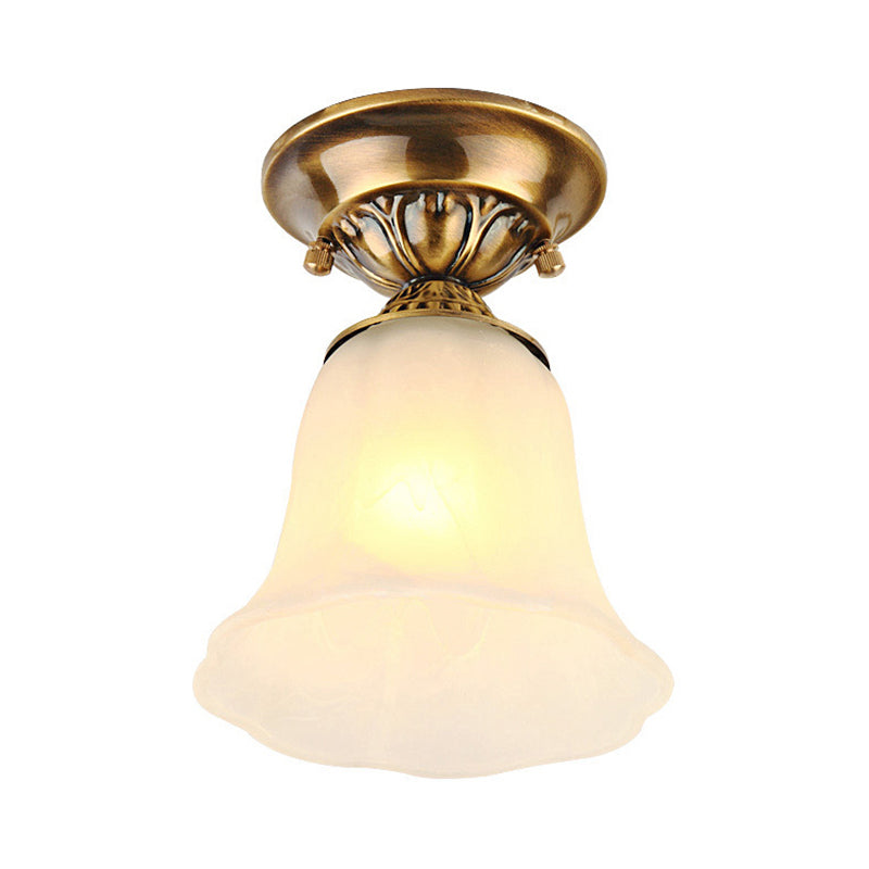 White Glass Ceiling Light Fixture With Classic Brass Bell - 1 Flush Mount For Living Room