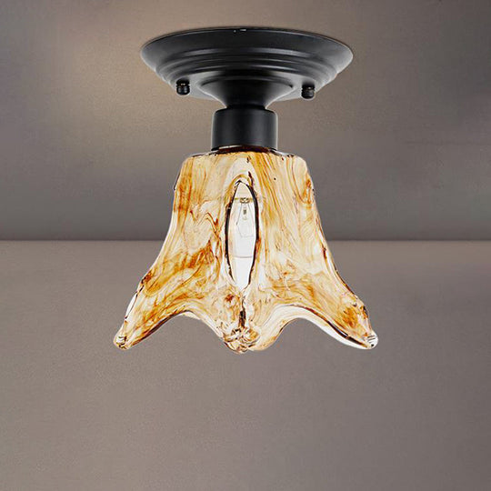 Black Flower Shaped Flush Mount Lamp With Classic Tan Textured Glass For Living Room Ceiling