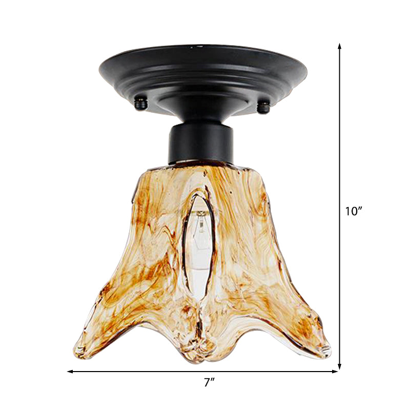 Black Flower Shaped Flush Mount Lamp With Classic Tan Textured Glass For Living Room Ceiling