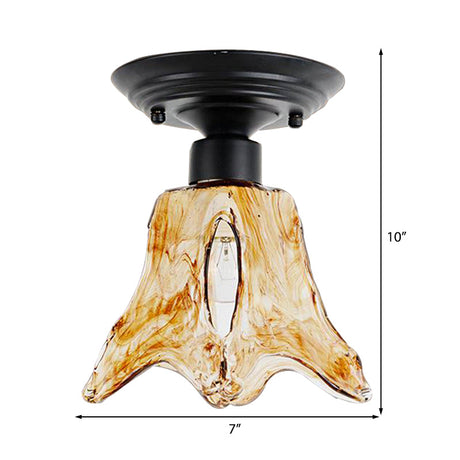 Black Flower Shaped Flush Mount Lamp With Classic Tan Textured Glass For Living Room Ceiling
