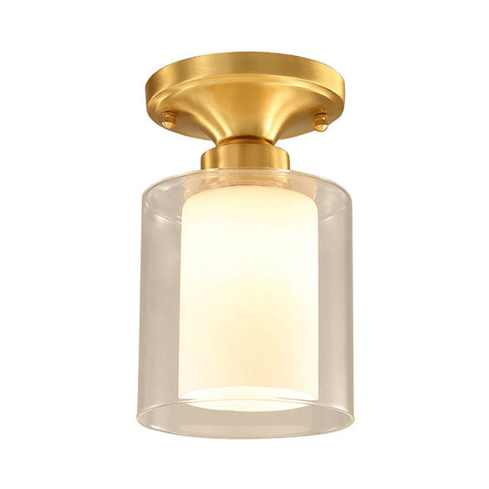 Classic Clear Glass Flush Mount Lamp - Gold Cylinder Ceiling Light Fixture For Living Room
