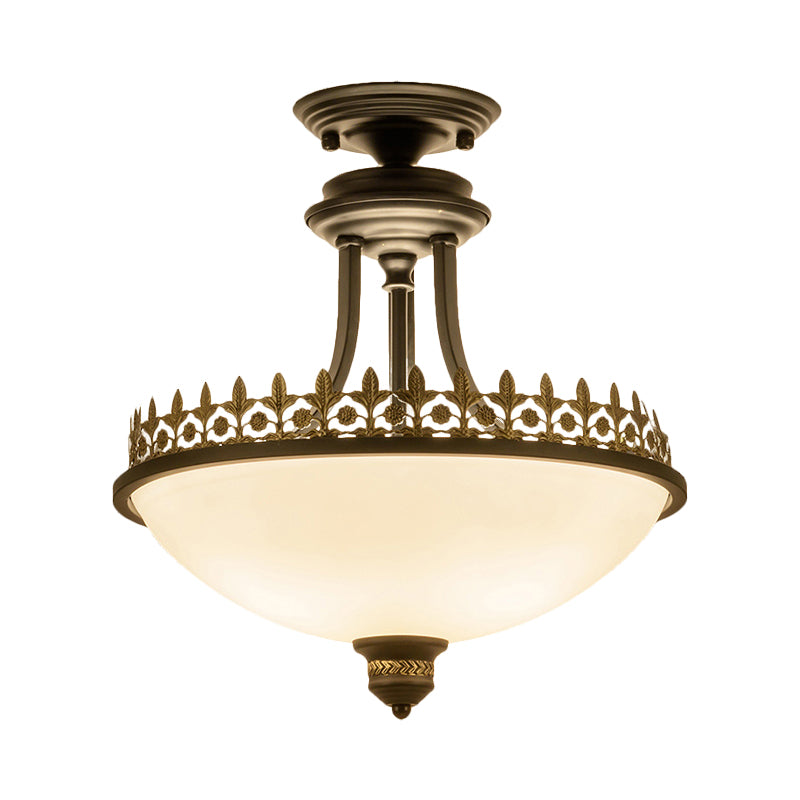 Semi Flush Mount Traditional Frosted Glass Ceiling Light With 3 Lights - White Bowl Shape For