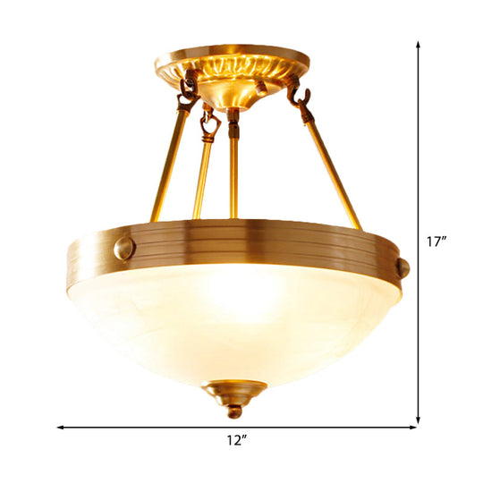 Traditional Frosted Glass Bowl Semi Flush Light - Gold 3 Lights For Dining Room 12’/16’/19.5’ Wide
