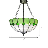Inverted Dome Tiffany Chandelier Light Fixture - Stained Art Glass Ceiling Lighting (3 Heads)