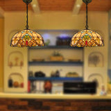 Retro Stained Glass Chandelier Pendant - Beige Bowl 2 Heads