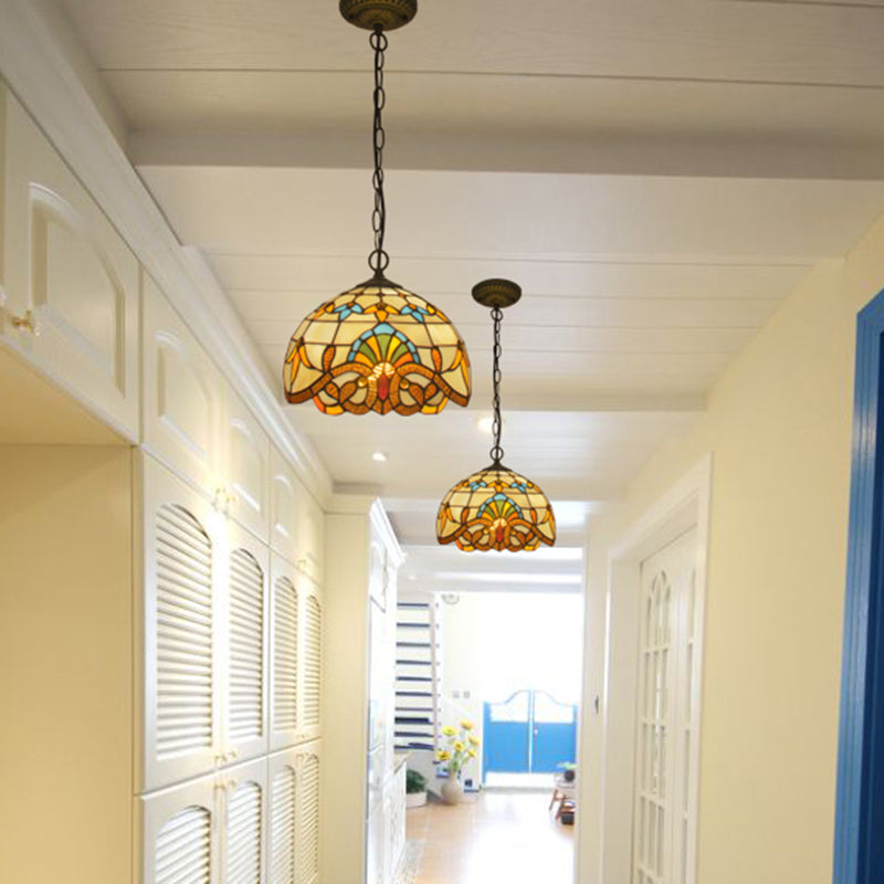 Antique Stained Glass Flower Pendant Light Fixture - Beige Suspension