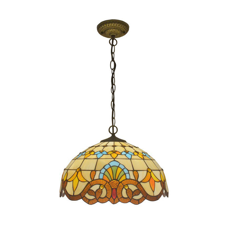 Antique Stained Glass Flower Pendant Light Fixture - Beige Suspension