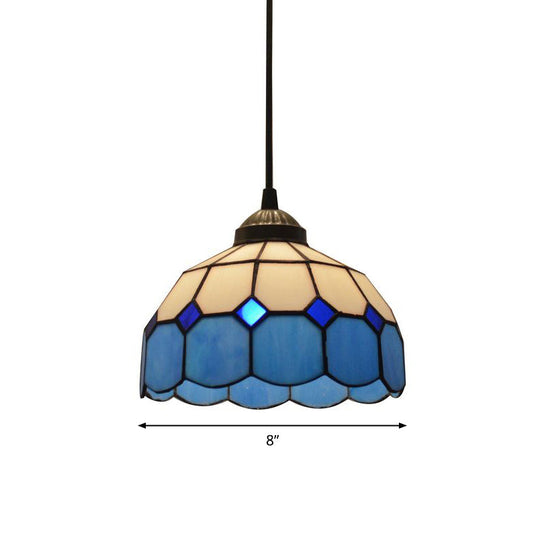 Tiffany Style Blue Scalloped Glass Pendant Light - Single-Bulb Suspension Lamp With Grid Pattern