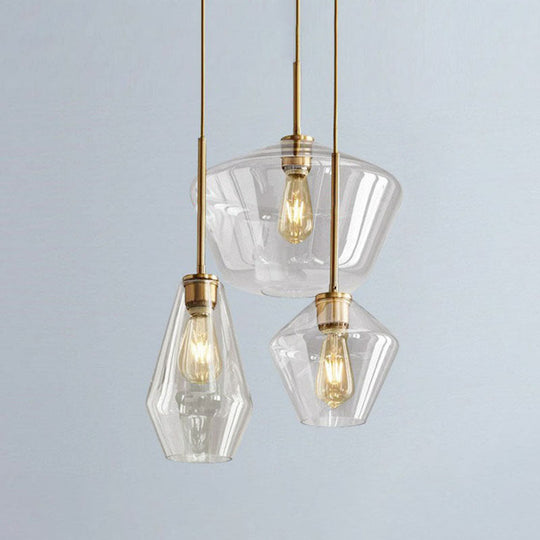 Postmodern Gemstone Glass Hanging Pendant Light - 3-Head Brass Cluster Fixture