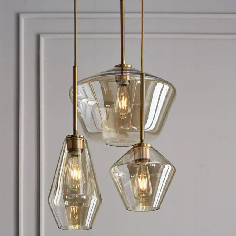 Diamond-Shaped 3-Bulb Gold Pendant Ceiling Light With Blown Glass