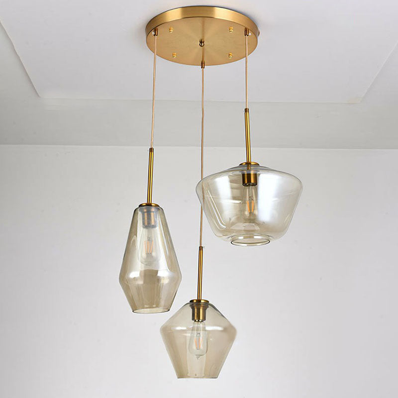 Diamond-Shaped 3-Bulb Gold Pendant Ceiling Light With Blown Glass