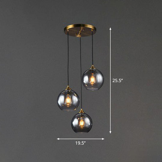 Antiqued Brass Globe Pendant Lamp With 3 Lights And Glass Shade