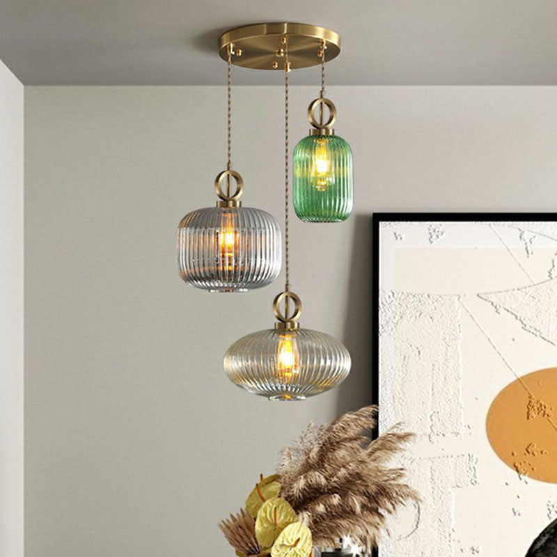 Modern Rib Glass Pendant Light Fixture - Geometric Shape 3 Bulbs Brass Finish Multi-Light Suspension
