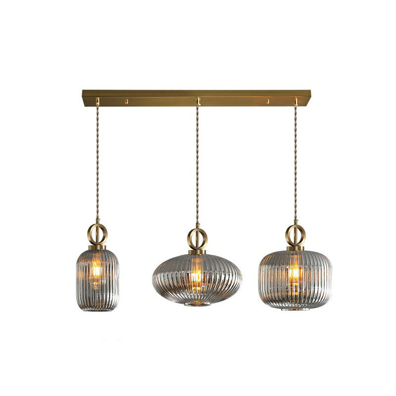 Modern Geometric Multi-Light Pendant With Ribbed Glass Panels - Brass Finish 3-Bulb Suspension