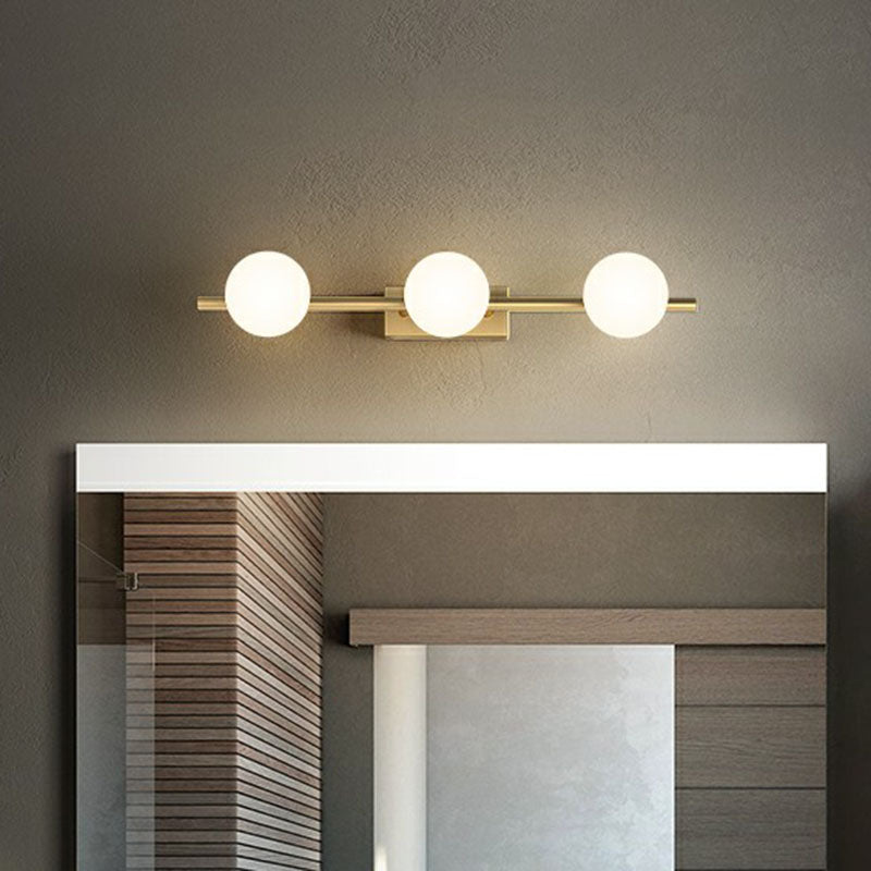 Sleek Gold Linear Vanity Wall Light With Milky Ball Glass Sconce For Bathroom