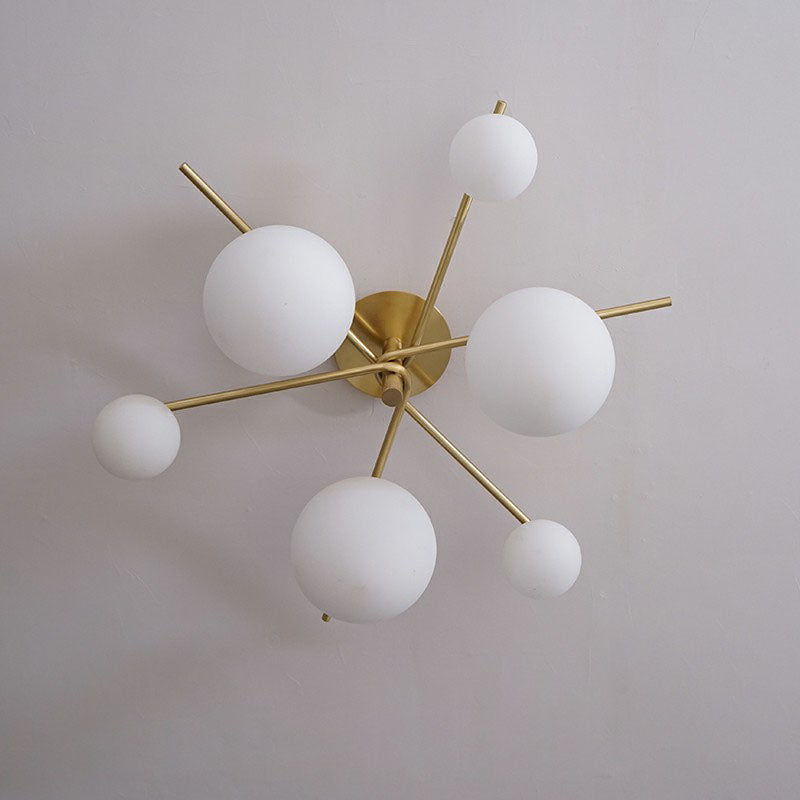 Sleek 6 - Light Gold Sputnik Semi Flush Mount Ceiling Lamp With White Glass Ball Shade