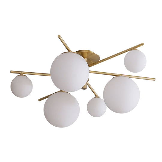 Sleek 6 - Light Gold Sputnik Semi Flush Mount Ceiling Lamp With White Glass Ball Shade