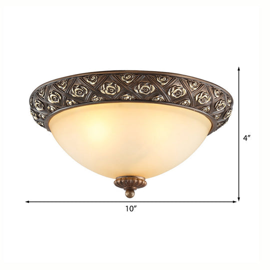 Traditional Brown Flush Light Fixture With Frosted Glass Bowl - 3 Lights Bedroom Ceiling Mount