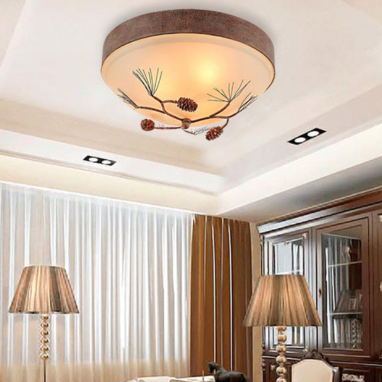 Traditional Beige Ceiling Light Fixture With Frosted Glass Drum Shade - 3 Lights For Bedroom
