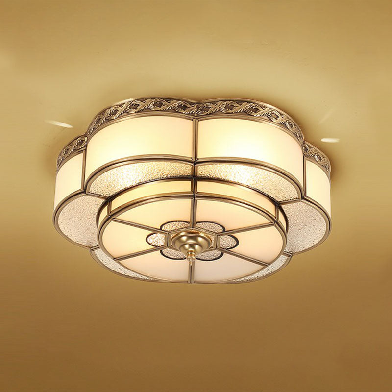 Traditional Brass Finish Ceiling Mount Lamp With Frost Glass - Flower Corridor Flush Light Fixture