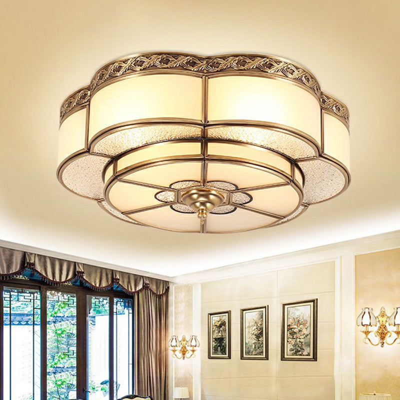 Traditional Brass Finish Ceiling Mount Lamp With Frost Glass - Flower Corridor Flush Light Fixture