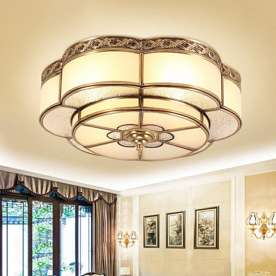 Traditional Brass Finish Ceiling Mount Lamp With Frost Glass - Flower Corridor Flush Light Fixture