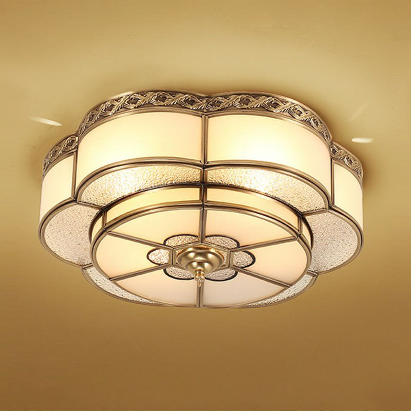 Traditional Brass Finish Ceiling Mount Lamp With Frost Glass - Flower Corridor Flush Light Fixture