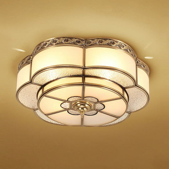 Traditional Brass Finish Ceiling Mount Lamp With Frost Glass - Flower Corridor Flush Light Fixture