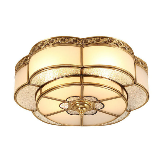 Traditional Brass Finish Ceiling Mount Lamp With Frost Glass - Flower Corridor Flush Light Fixture