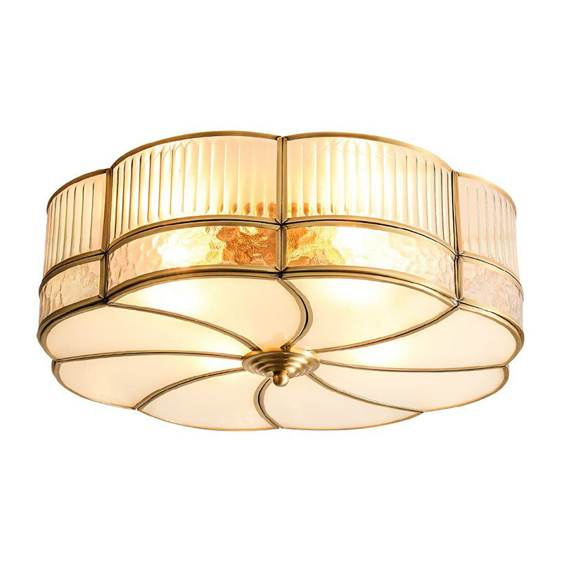 Minimalist Flower Shaped Glass Ceiling Light Fixture - Ribbed With Brass Accents Flush Mount