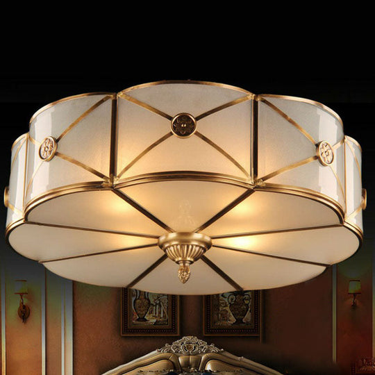 Frosted White Glass Flushmount Flower Ceiling Lamp With X - Brace In Brass - Colonial Style