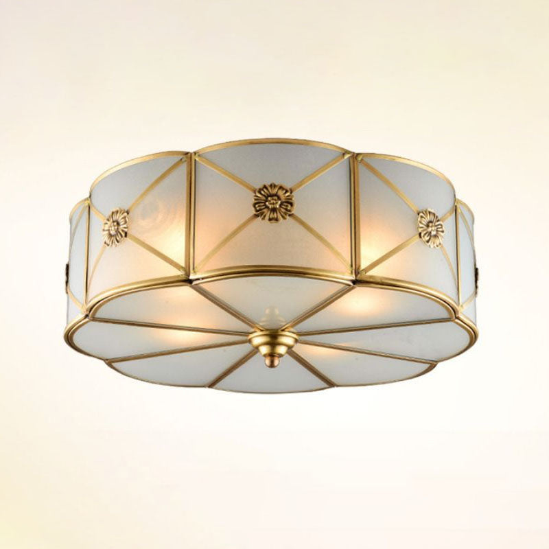 Frosted White Glass Flushmount Flower Ceiling Lamp With X - Brace In Brass - Colonial Style
