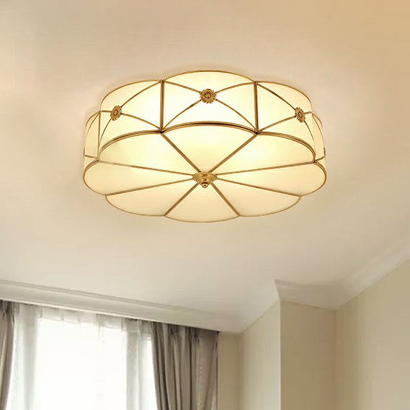 Colonial Chic Floral Bedroom Ceiling Mount Light - White Glass With Brass Finish