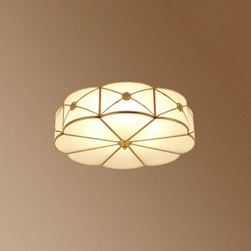 Colonial Chic Floral Bedroom Ceiling Mount Light - White Glass With Brass Finish 3 /