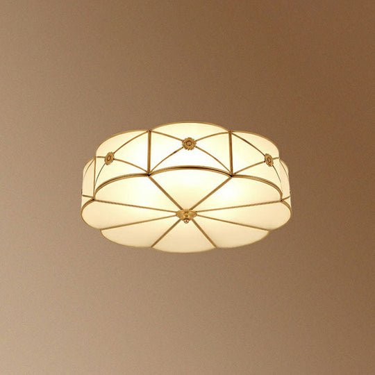 Colonial Chic Floral Bedroom Ceiling Mount Light - White Glass With Brass Finish 3 /