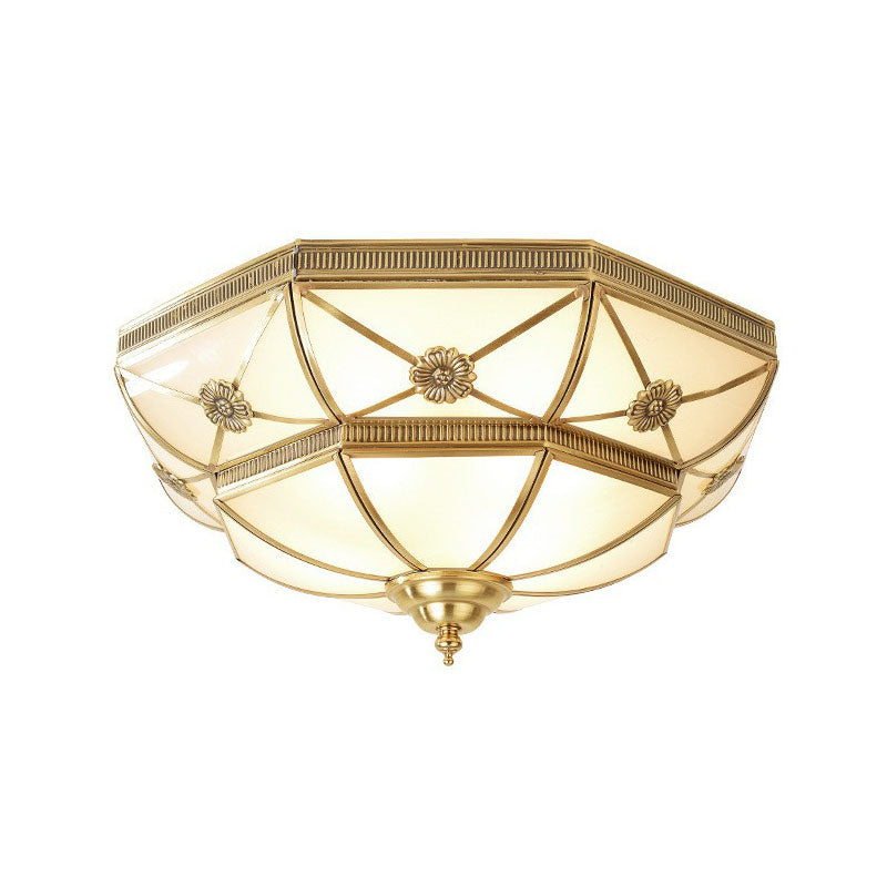 Traditional Frosted Glass Bedroom Flushmount Ceiling Lamp With Brass Basket Design