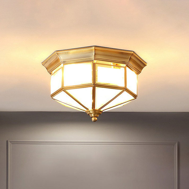 Frosted Glass Cap Ceiling Light With Brass Mount - Minimalist 2-Bulb Flush Fixture For Corridors