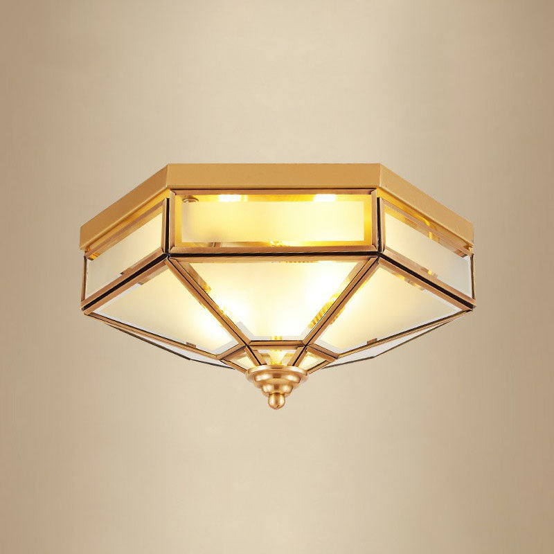 Frosted Glass Brass Hexagonal Ceiling Flush Light - Traditional Mount Lighting