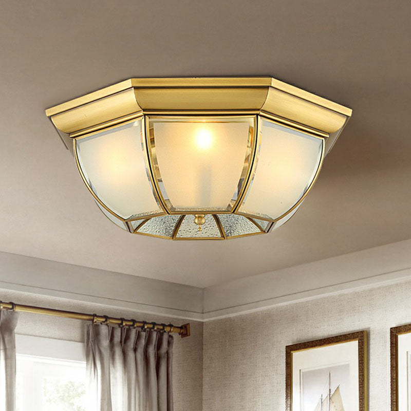 Brass Flushmount Light With Minimalist Bowl Shape & Frosted Glass Pane Sleek Ceiling Fixture