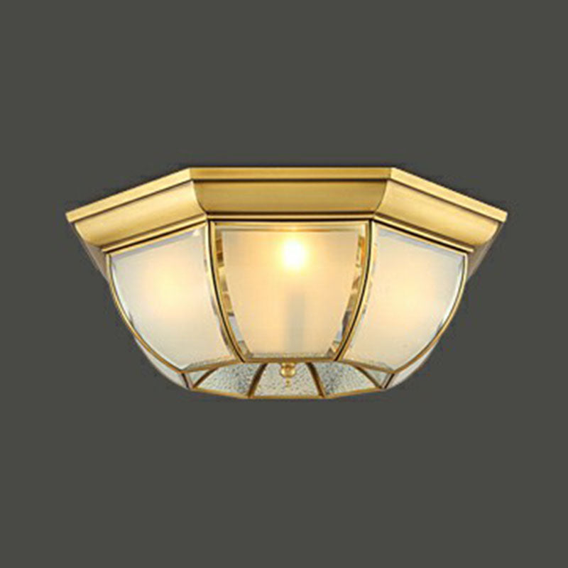 Brass Flushmount Light With Minimalist Bowl Shape & Frosted Glass Pane Sleek Ceiling Fixture / 23.5